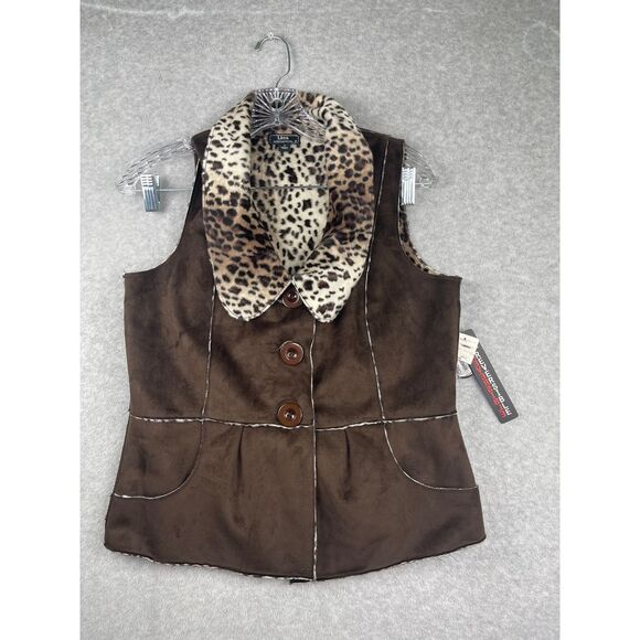 NWT Lisa International REVERSIBLE cheetah leopard & brown‎ vest, S, faux suede - Picture 5 of 16